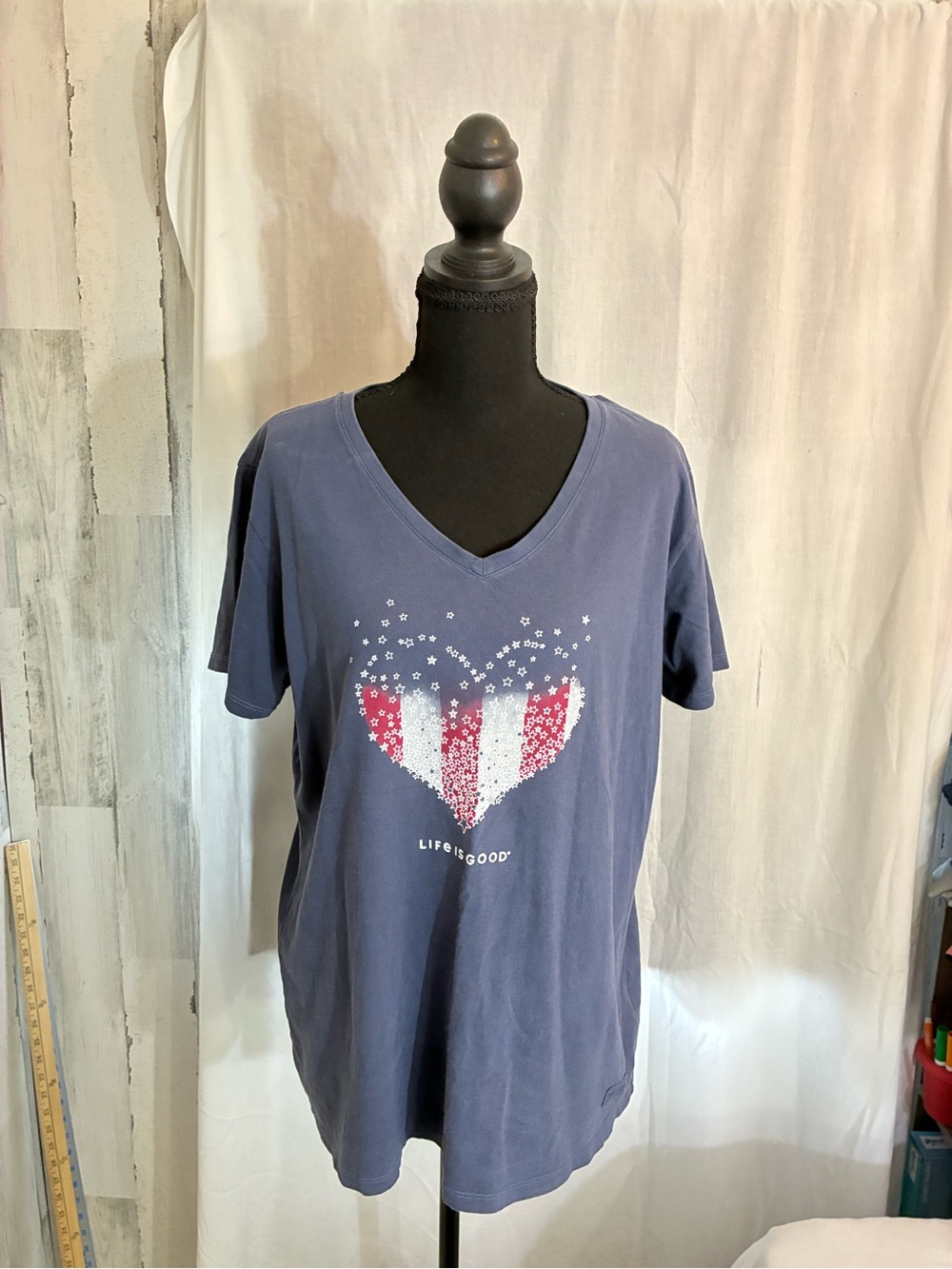 Life Is Good Navy V-Neck Heart Graphic Tee with Red & White Accents